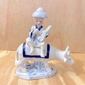 Vintage Oriental Blue And White Porcelain Figurine Boy Riding A Buffalo